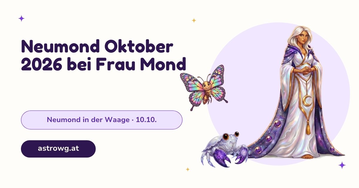 Neumond Oktober 2026: Frau Mond in eine Decke gehüllt mit Tagebuch, der Waage-Schmetterling flattert unentschlossen im Türrahmen, der Krebs bringt Kekse.